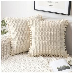 Throw Pillow Covers Pack of 2 Pom-pom Soft Boho Striped  Modern Farmhouse‎ cream